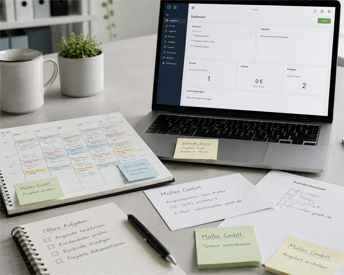 Schreibtisch mit Laptop-Dashboard, Wochenplaner, Notizbuch und mehreren Haftnotizen – dieselben Kundeninformationen liegen an vier verschiedenen Stellen