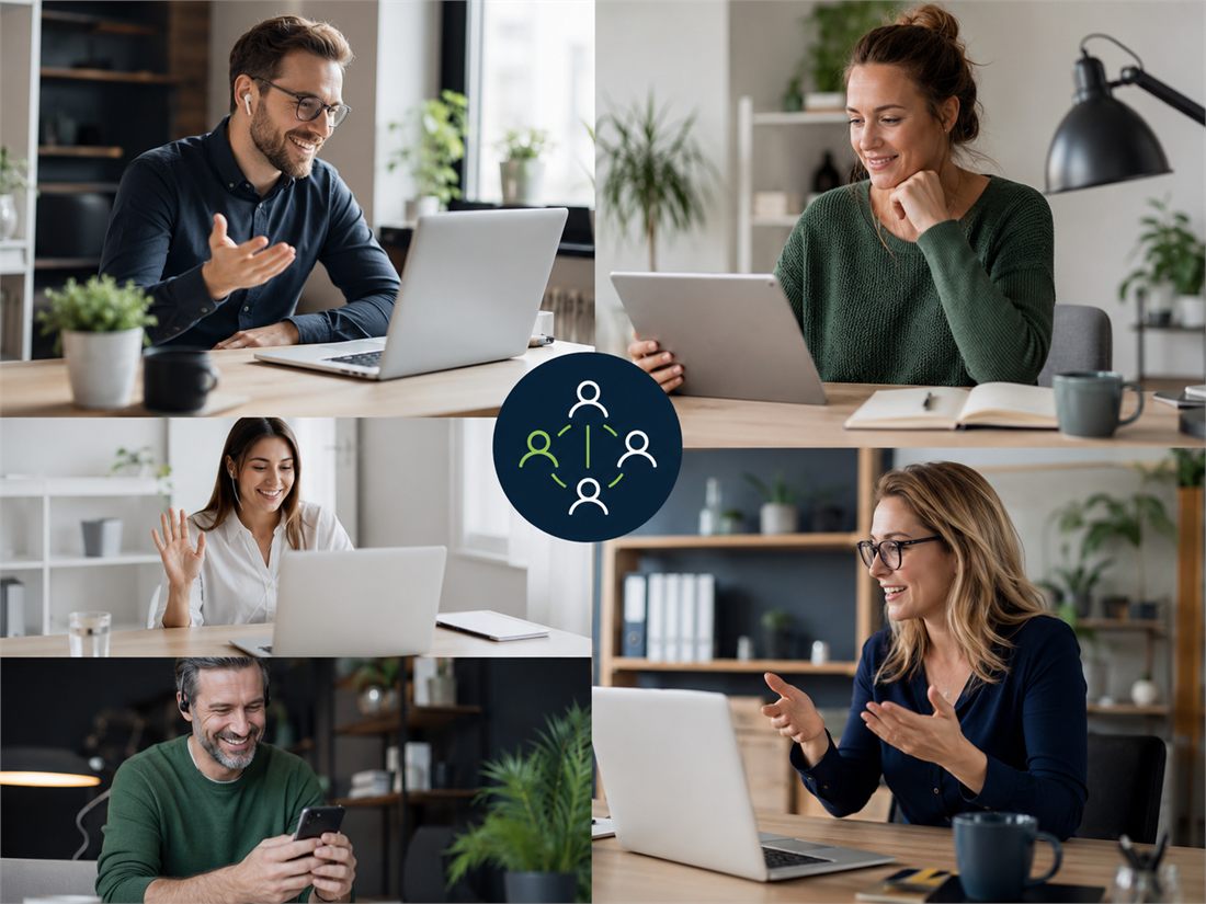 Bildcollage aus fünf Mitgliedern der Community, die an ihren Arbeitsplätzen an einer Online-Runde teilnehmen, in der Mitte ein Symbol für vernetzte Menschen